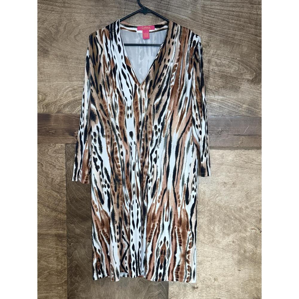Catherine Malandrino Brown Animal PrintV Neck Long Sleeve Dress Womens Large